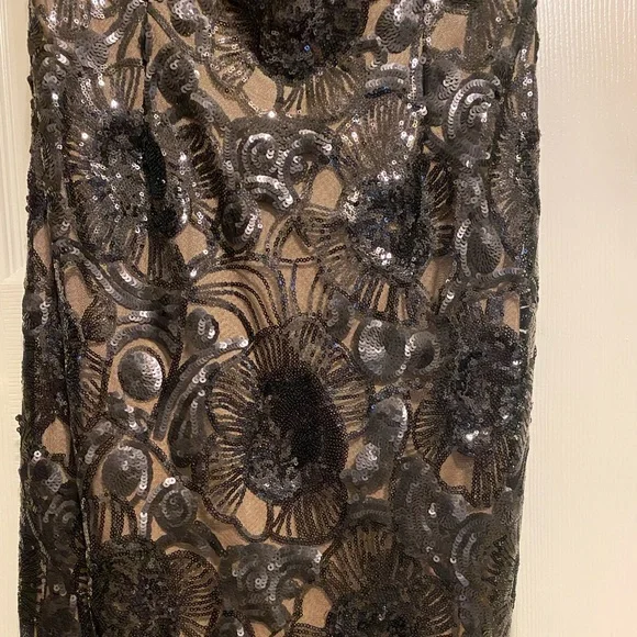 david meister black sequin dress DAVID MEISTER Black Gown, Sequin, Embroidered, Lace, V-Neck, Size 14